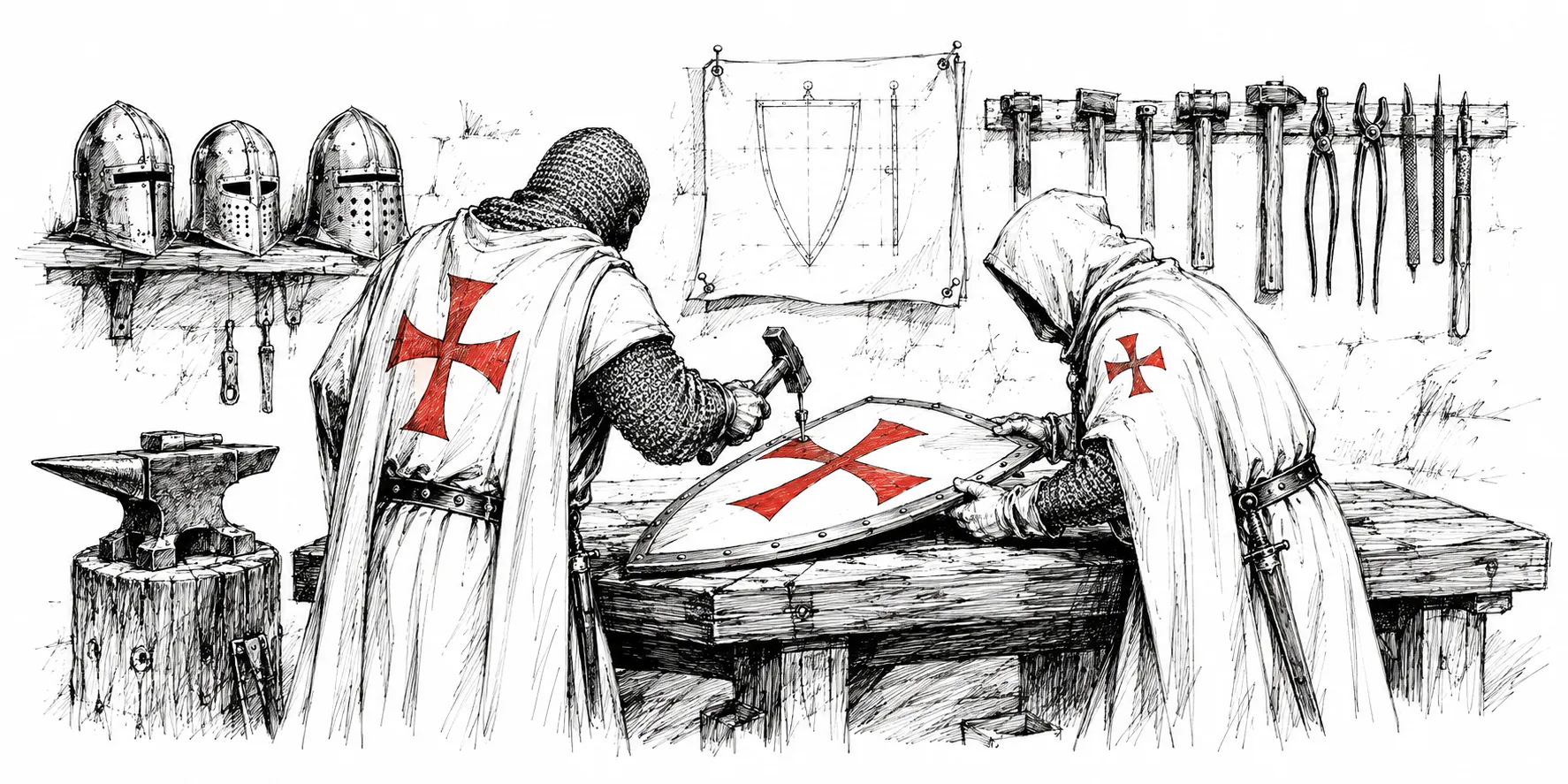 Ilustracja: dwaj templariusze kujący tarczę w warsztacie