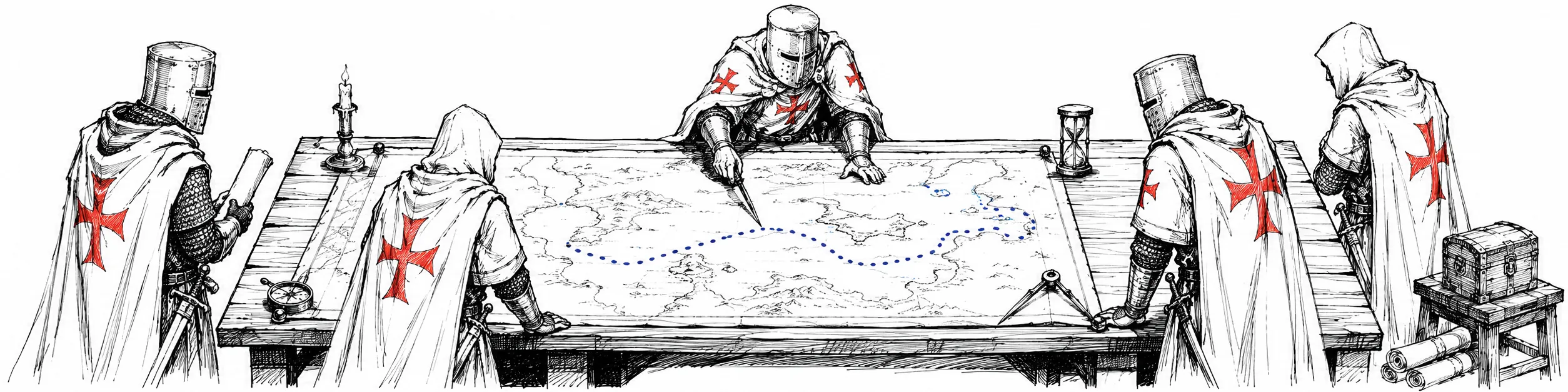 Ilustracja: templariusze planujący kurs nad mapą na stole