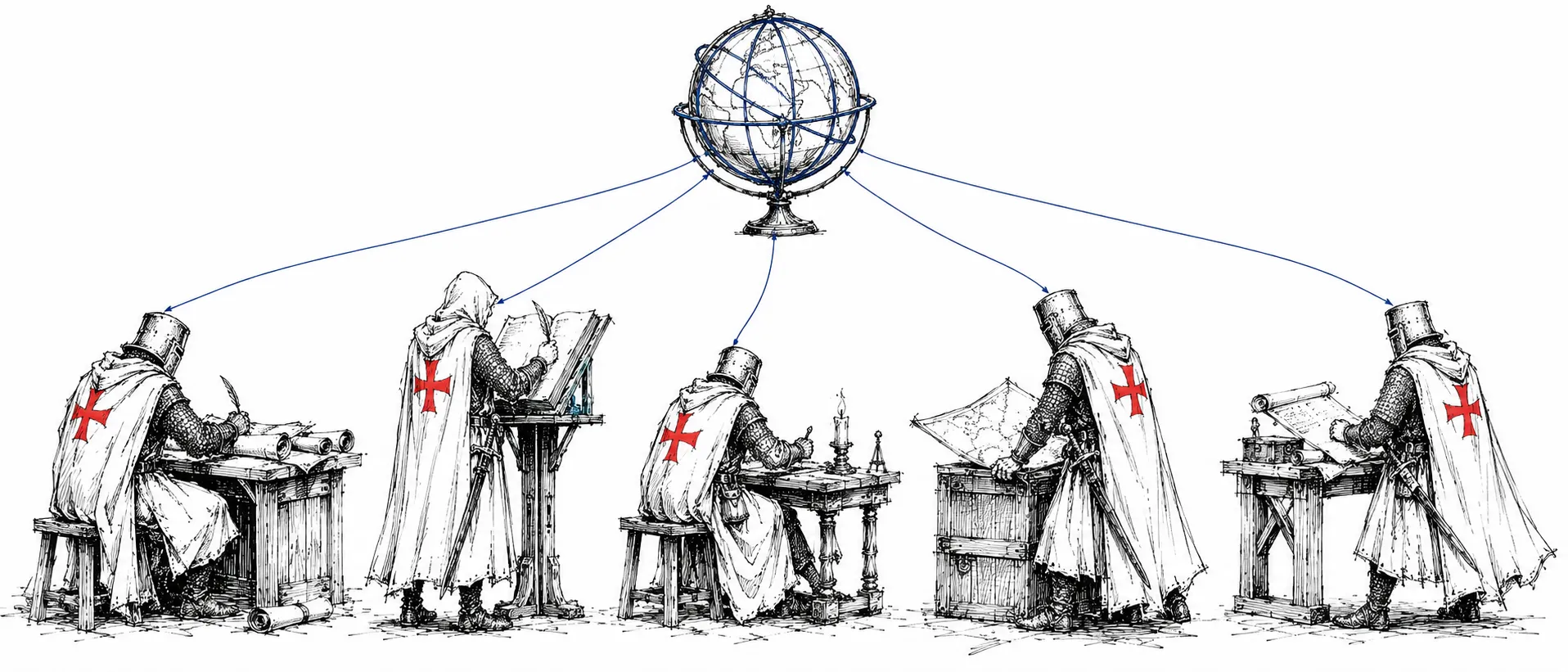 Ilustracja: pięciu templariuszy pracujących osobno, połączonych z globusem