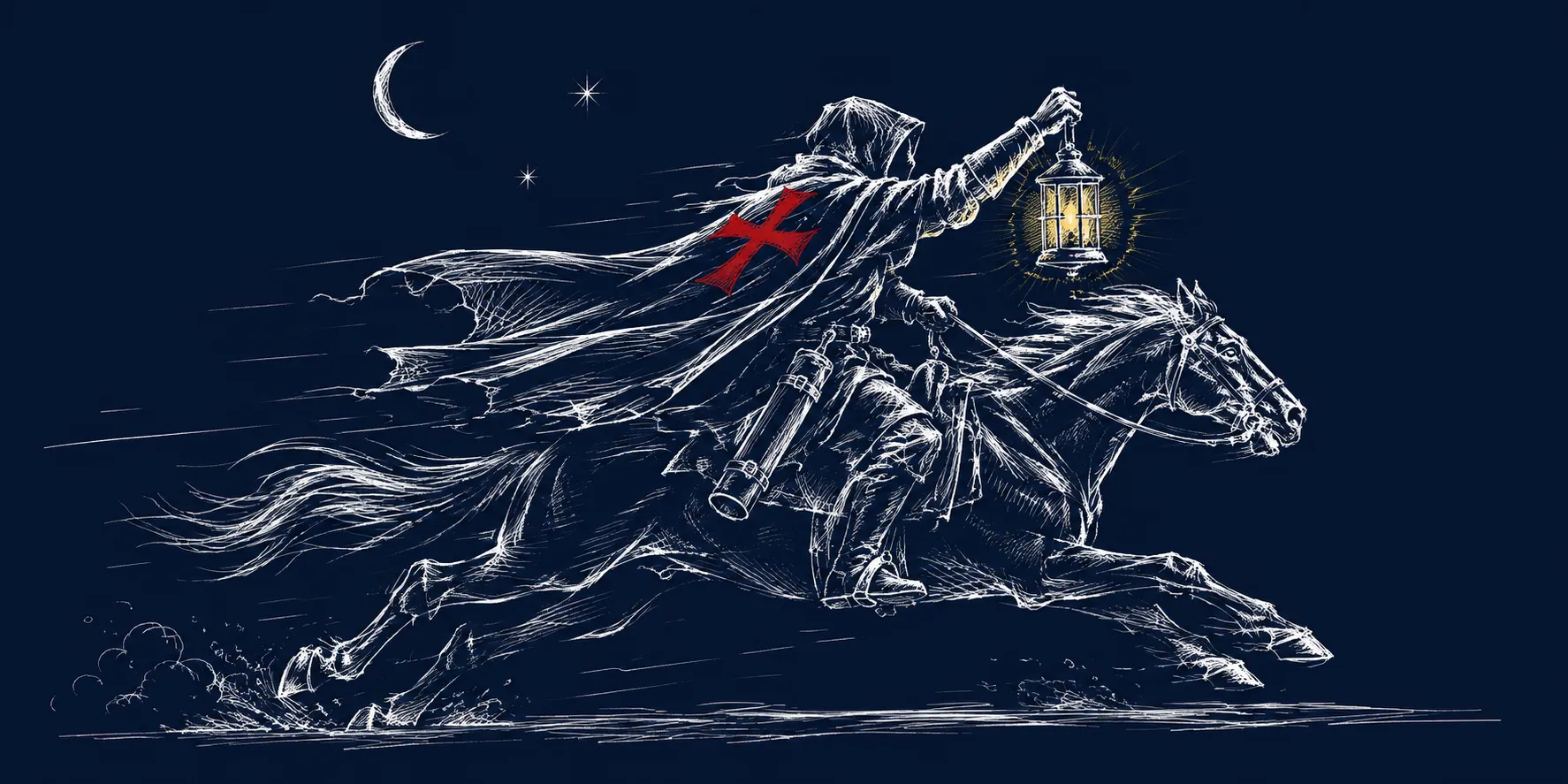 Ilustracja: templariusz pędzący nocą na koniu z latarnią