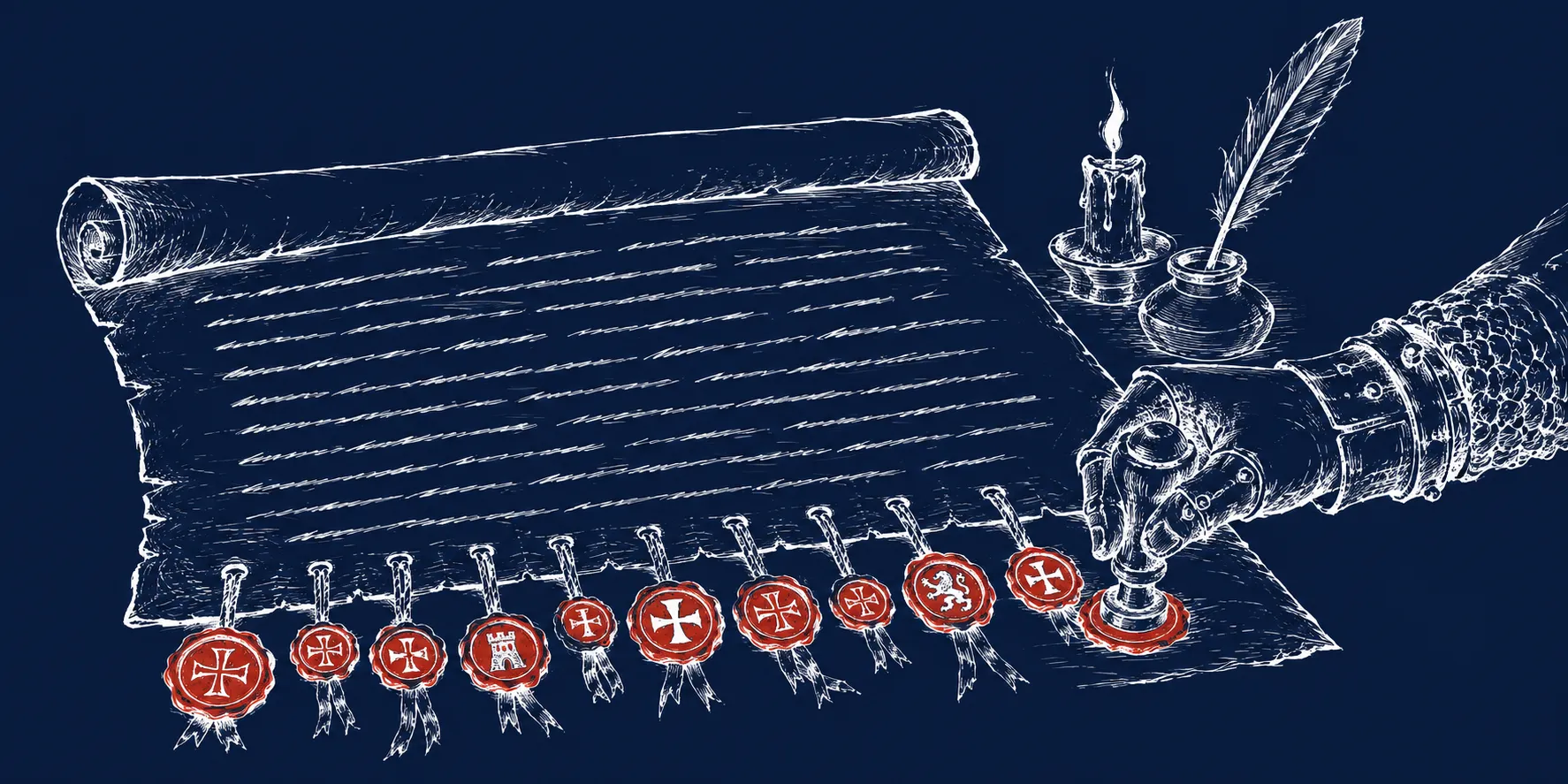 Ilustracja: zwój referencji z rzędem lakowych pieczęci