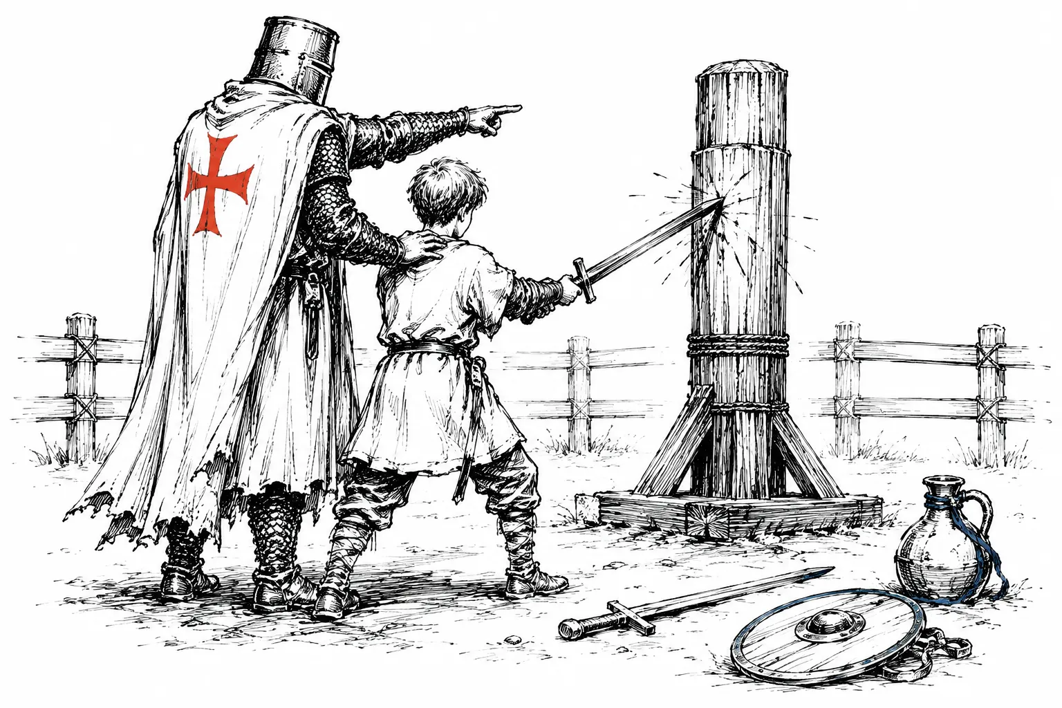 Ilustracja: templariusz szkolący giermka na pachołku treningowym
