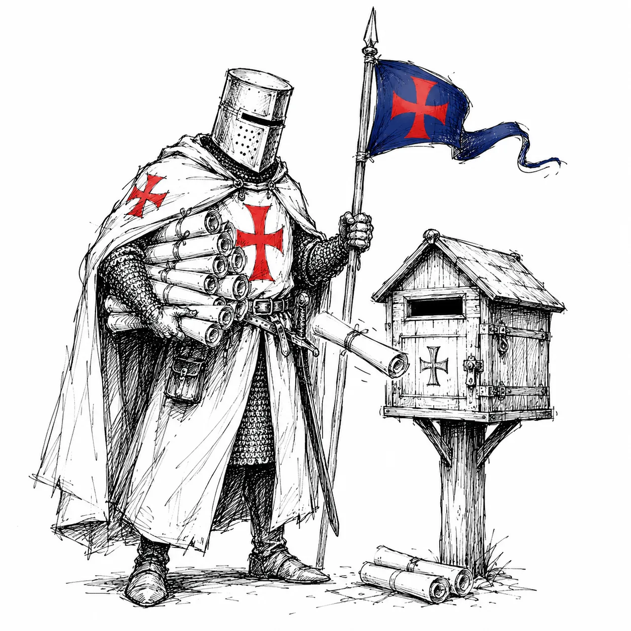 Ilustracja: templariusz ze zwojem przy skrzynce pocztowej